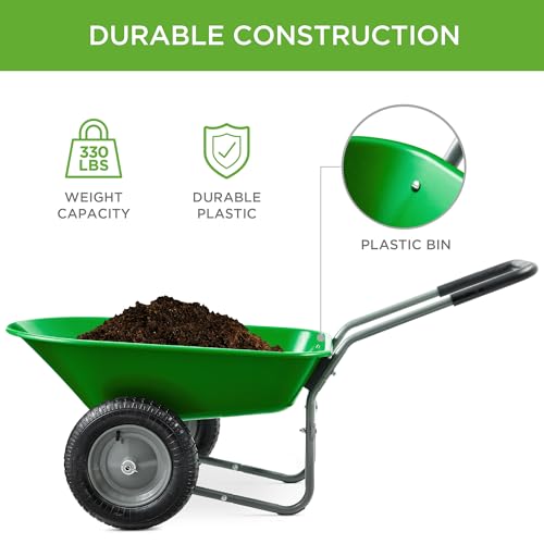 Image of Best Choice Products Dual-Wheel Home Utility Yard Wheelbarrow Garden Cart w /Built-in Stand for Lawn, Gardening, Construction - Bright Green