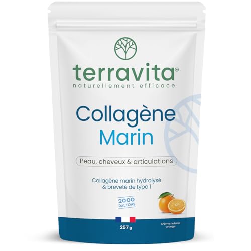 COLLAGÈNE MARIN Breveté en Poudre | 257 Grammes de Peptides de Collagène Purs de Type 1 | Articulations Souples, Peau Lisse et Hydratée | Goût Orange | Filière 100% Française | Terravita