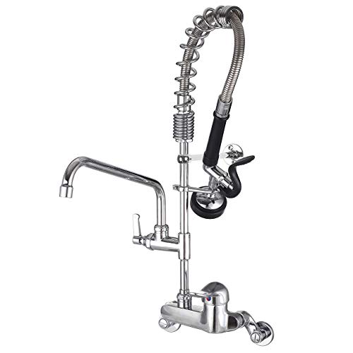 MSTJRY Commercial Wall Mount Faucet with Pre Rinse Sprayer, Kitchen Sink Faucet with Single Handle, 4-10 Inch Adjustable Center, 25 Inch Height, 12 Inch Add-On Swivel Spout, Polished Chrome