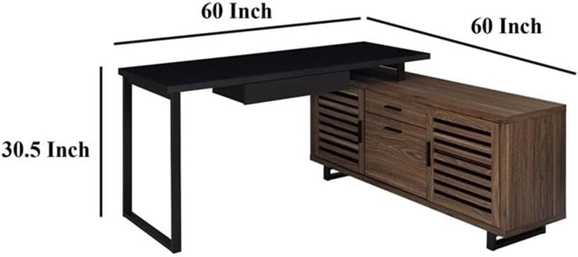 Pemberly Row L Shape Computer Desk, Black Metal and Walnut Wood, Built-in Power Outlets, 2 Slatted Doors, 3 Drawers, Adjustable Shelves, Modern Home Office Desk with Spacious Workspace