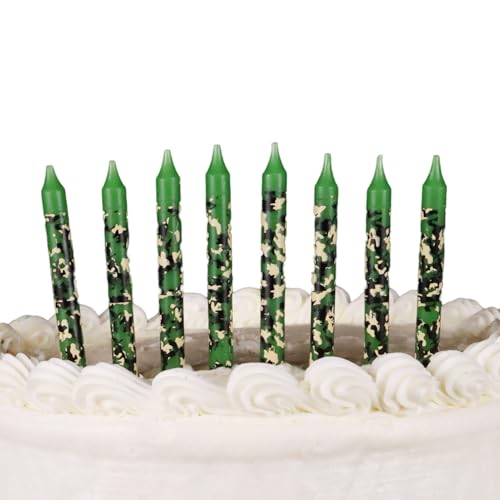 8-Pack Green Camouflage Birthday Candles – Army Camo Cake Toppers for Boys, Girls, and Military-Themed Parties