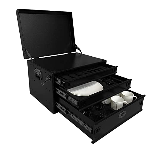 Overland Vehicle Systems Ultimate 39 Piece Utensil Set - Black Powder Coat Universal - 6061 Aircraft-Grade Aluminum Storage Box - Heavy Duty Grab Handles