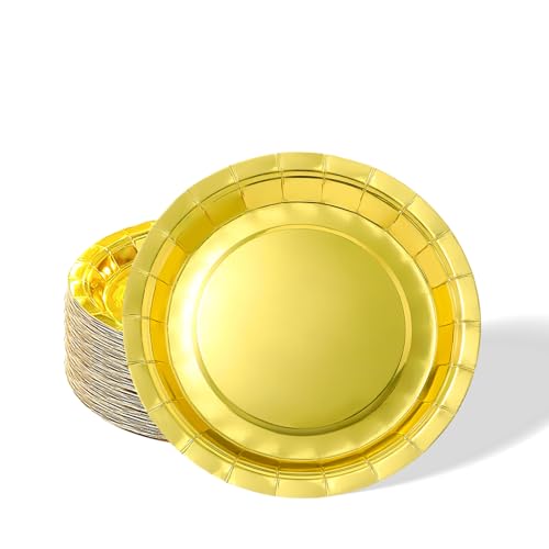 32pcs Metallic Gold Paper Plates,7 inch Foil Golden Party Paper Plates Tableware Solid Colour Round Dinner Plate for Christmas,Birthday,Wedding,Picnic, BBQ,Bar,Restaurant and Party Table Décor