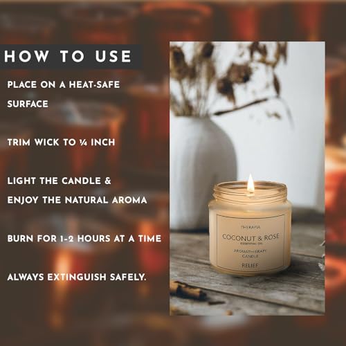 Image of Therapia Stress Relief Coconut & Rose Essential Oil Candle I200gms Handpoured Soy Candles |More Than 12hrs of Burning|Aromatherapy Gifts for Stress Relief, Relaxation and Home Spa