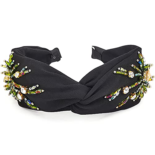 QTMY Rhinestone Crystal Beaded Boho Headbands Knot Turban Vintage Hairband Elastic Hair Hoops Fashion Hair Accessories for Women Girls,Black