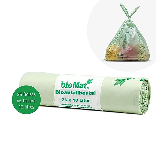 bioMat Bolsas de Basura Compostables 10l con Asas, 26 Bolsas, Certificado DINplus, Climáticamente Neutro, Fabricado en Alemania