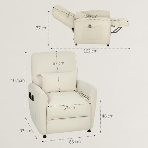 HOMCOM Sillón Relax Reclinable Eléctrico, con Calor Lumbar y Masaje Vibración, Sillón Masaje Relax, Motor Silencioso, Función de Memoria, Bolsillos Laterales, Almohada, Control Remoto con USB, Crema - imagen 3