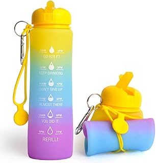 Motivational Collapsible Water Bottle - 0.6 Litre Foldable Collapsible Gym and Sports Silicone Water Bottle - Running Drinks Bottle For Women, Men, Girls, Boys, Cycling, Hiking, Travel, School