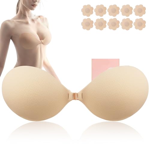 Sticky Adhesive Bra Push Up Strapless Sticky Invisible Lift Backless Bra for Women Beige