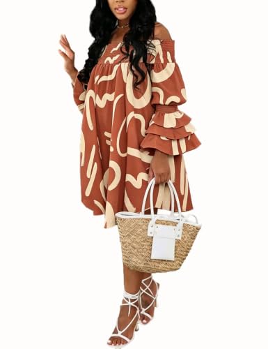 Image of WOKANSE Party Dresses for Women Off Shoulder Layered Flare Sleeve A line Ruched Plus Size Midi Summer Dress