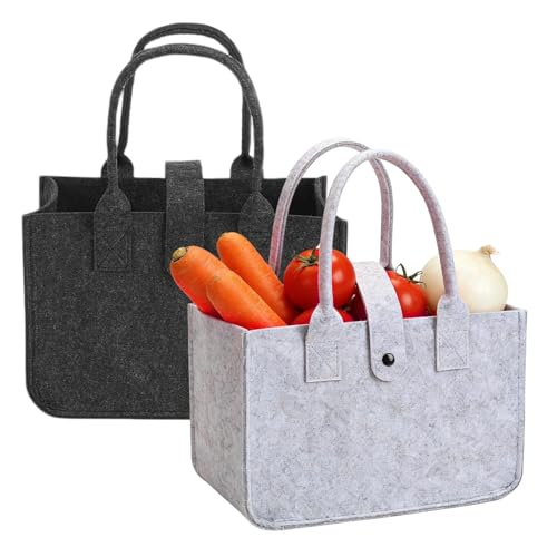 Touosy 2 Piezas Bolsas de Compras Fieltro, Bolsas Plegables y Grandes de Almacenamiento, Cesta de la Compra para Viajes, Trabajo y Picnic, Tamaño 30x20x18 cm (Negro/Gris)