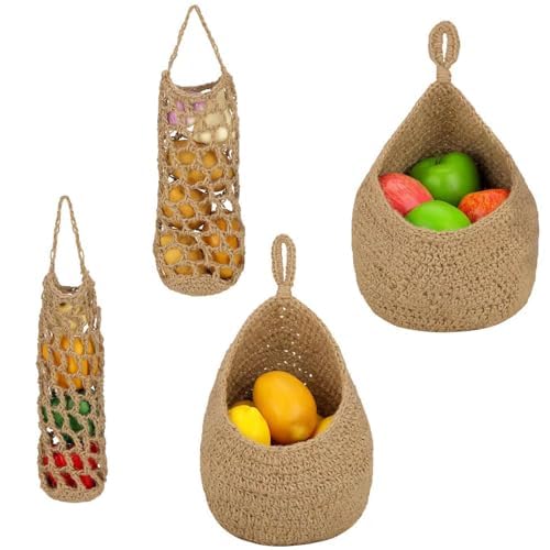 Cestas de frutas colgantes para una cocina bohemia y organizada con 4 soportes de yute