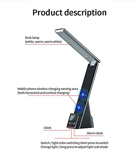 Lâmpada de mesa LED com carregador sem fio, lâmpada de cabeceira regulável com porta de carregamento