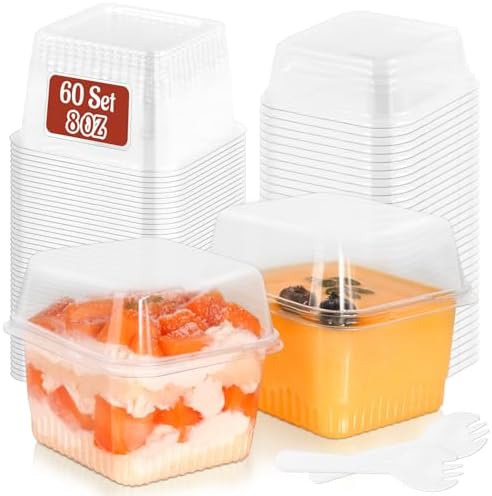 60 Pack 8 oz Plastic Dessert Cups with Lids and Sporks, Square Cl...