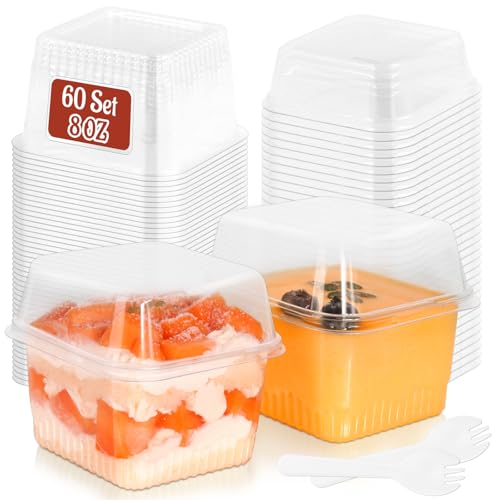 60 Pack 8 oz Plastic Dessert Cups with Lids and Sporks, Square Cl...
