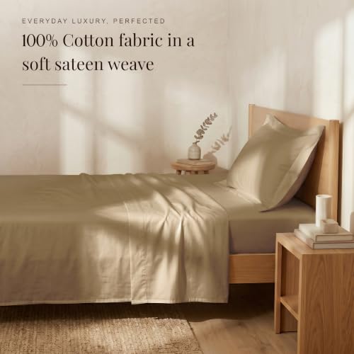 Image of HUESLAND 300 TC Soft Pure Cotton Sateen Weave Bedsheet for Single Bed with Pillow Covers - Luxury Collection | Sand Dune | 88 x 55 inches