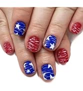 4th of July Press on Nails Glitter Short Square Fake Nails with Designs White Blue Red Star Glue ...