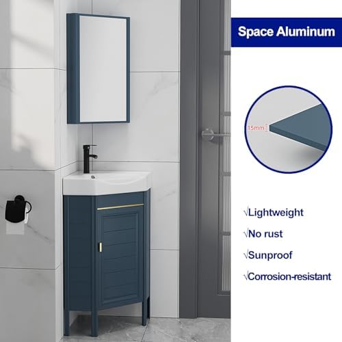 Compact Corner Bathroom Vanity Sink with Medicine Cabinet, Floor Standing Design, Ceramic Wash Basin for Small Spaces (Black, 43cm/17in) - Perfect for Limited Areas