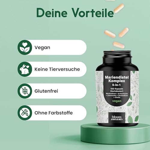 Mariendistel Artischocke Löwenzahn Komplex Hochdosiert - 150 Kapseln - 5-in-1 Komplex mit Mariendistel + Artischocke + Löwenzahn + Desmodium + Cholin - Vegan Laborgeprüft - Verpackung kann variieren