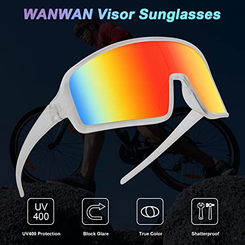Wanwan Men And Women's Large Frame Fashion Cycling Sports 80S Sunglasses Baseball Visor Shades Running Driving Fishing (White Frame Gradient Red Lens) #TOP3