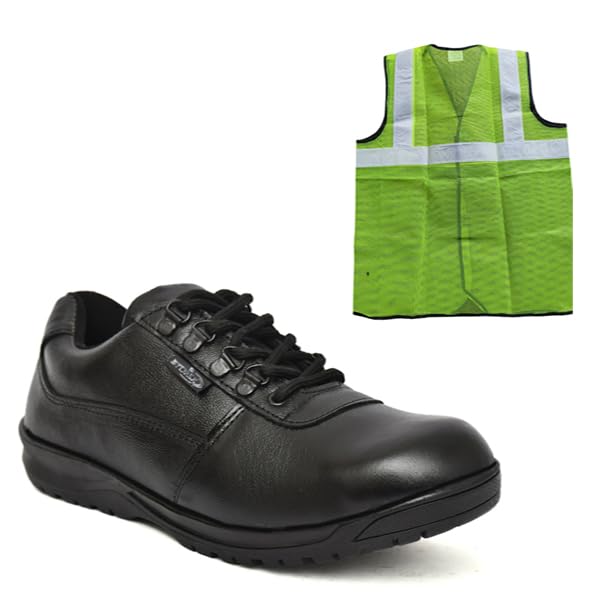 STONIX® DEERING Safety Shoes with Safety Jacket Combo for Men's | Reflective Strips Jacket's & Steel Toe Leather Safety Shoes | Lightweight Shoes & Jacket's, (SIZE-08, BLACK), (FREE SIZE JACKET)-image-31