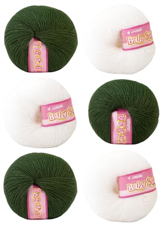 Image of Vardhman BabySoft Knitting Yarn | 100% Acrylic Wool | 4 Ply | Thin Knitting & Crocheting Hook Thread & Lightweight | Special Baby Wool | 150 Grams (6 Balls of 25g) | Machine Washable | Ideal for Blankets, Hats, Booties Ultra-Soft for Baby Sweaters, Blankets, Caps, Socks, Soft toys, Art & craft (Pine Green No.37 & White No.18)