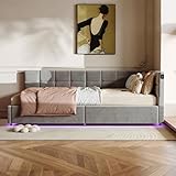Zorvani Polsterbett Schlafsofa 90x200 mit LED-Beleuchtung und hydraulischem Stauraum, Jugendbett mit USB-Ladefunktion, Kinderbett Einzelbett Schlafsofa mit Lattenrost, Samtstoff (Grau)