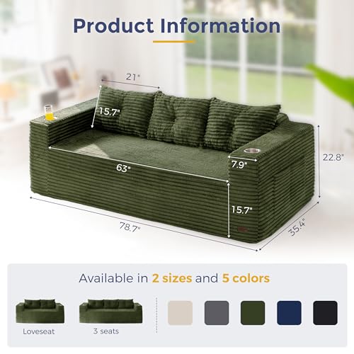 Image of MAXYOYO 79 inch Oversized Boneless Loveseat Sofa Couch for Small Spaces, Mini Love Seat Floor Couch with Cup Holders and Pillows, 3-Seater Upholstered Cloud Couch for Bedroom, No Assembly Required