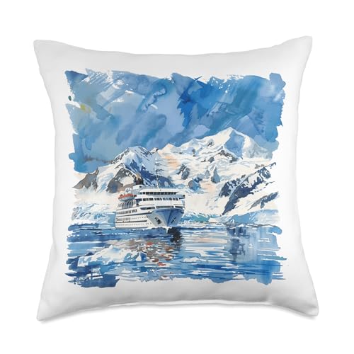 Antarctica Cruise Ship Watercolor Art Throw Pillow