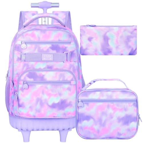 Image of 3Pcs Rolling Backpack for Girls Women, Travel Roller Backpacks with Wheels for Adults, Teens College Tie-Dye Wheeled Bookbag with Lunch Box(Purple)