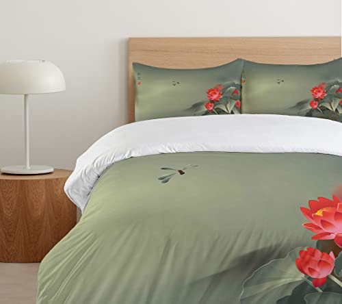 Ambesonne Dragonfly Duvet Cover Set, Traditional Japanese Painting Lotus Blooms In Tones Design, Decorative 3 Piece Bedding Set With 2 Pillow Shams, King Size, Red Reseda Green #TOP4