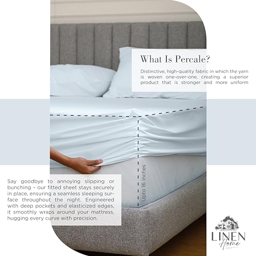 Image of Linen Home 100% Cotton Percale Sheets Queen Size, Blue Duck Egg, Deep Pocket, 4 Pieces Set - 1 Flat, 1 Deep Pocket Fitted Sheet and 2 Pillowcases, Crisp Cool and Strong Bed Linen