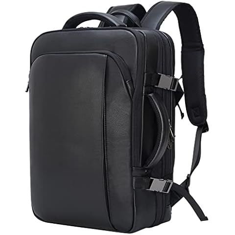 Masa Kawa Black Leather 15.6 Inch Laptop Backpack for Men Expandable 36L Business Travel Rucksack Carry On Personal Item Backpack Daypack Weekender Bag Cover