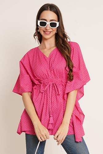 Image of COTLAND Fashions Jaipuri Cotton Kimono Sleeves Printed Longline Kaftan Top for Women