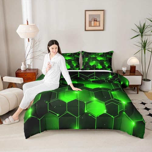 Image of Feelyou Geometrics Honeycomb Bedding Set Kids Toddler King, Beehive Geometric Comforter Set Honeycomb with Green Yellow Neon Lights Comforter Hexagonal Duvet Set Durable Quilt Set King Size