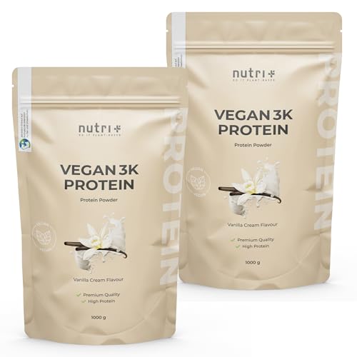 Nutri + Protein Vegan Vanille 2 kg 81% Eiweiß - 3k Proteinpulver 2000 g - Vanilla Cream Flavor Shake - pflanzliches Eiweißpulver ohne Zucker + Stevia