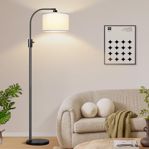 Image of Nintiue Upgraded Modern Arc Dimmable Tall Standing Floor Lamp with White Shade, 1200 Lumens LED Bulb Included, for Living & Reading Room, Bedroom, Office & Nursery, Black