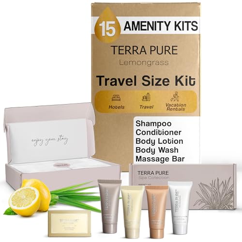 Terra Pure Spa Collection Amenity Kit | Hotel Bulk Toiletries | 0.85 oz Shampoo, Conditioner, Lotion, Body Wash, Massage Bar for Guest Hospitality Vacation Rentals | 15 Sets/Case