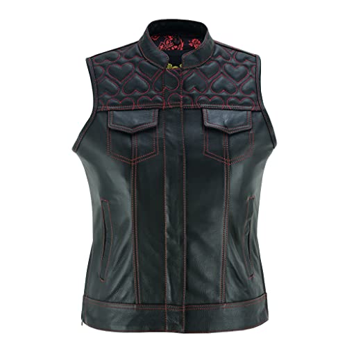 Leatherick Women's Cowhide Leather Vests – with Side Zippers & Paisley Lining Red Heart Stitching