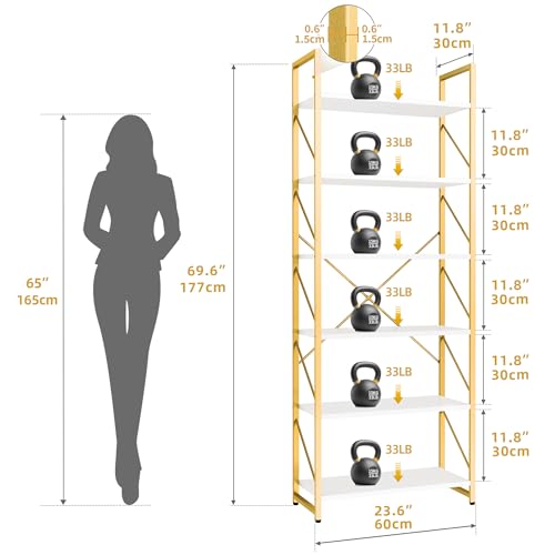 DWVO 6 Tier Bookshelf Tall Bookcase, Modern Gold Book Shelf, Open Display Storage Rack Shelves for Living Room/Bedroom/Home/Office/Kitchen, White & Gold