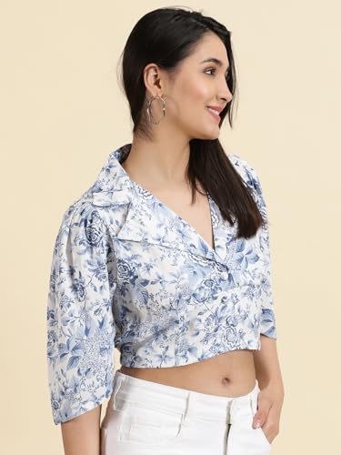 Image of SHOWOFFFF Women Printed Shirt Style Casual Top | Spread Collar 3 /4th Sleeves Crepe Top's for Womens | Regular Fit Crop Tops for Women's