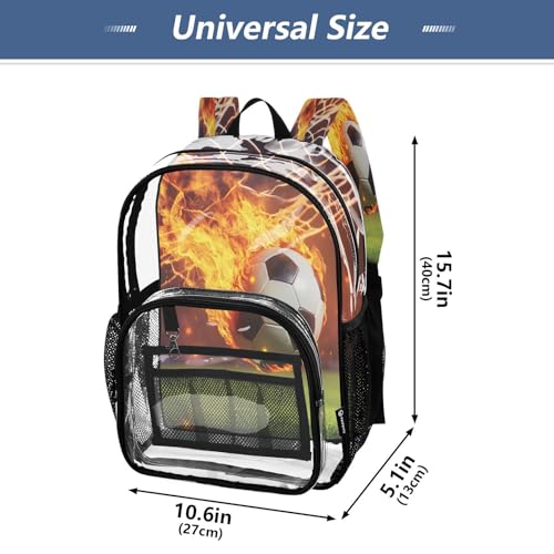 Soccer Flying with Fire Clear Backpack Heavy Duty See Through Transparent PVC BookBag for Kids Boy Girl School Work4
