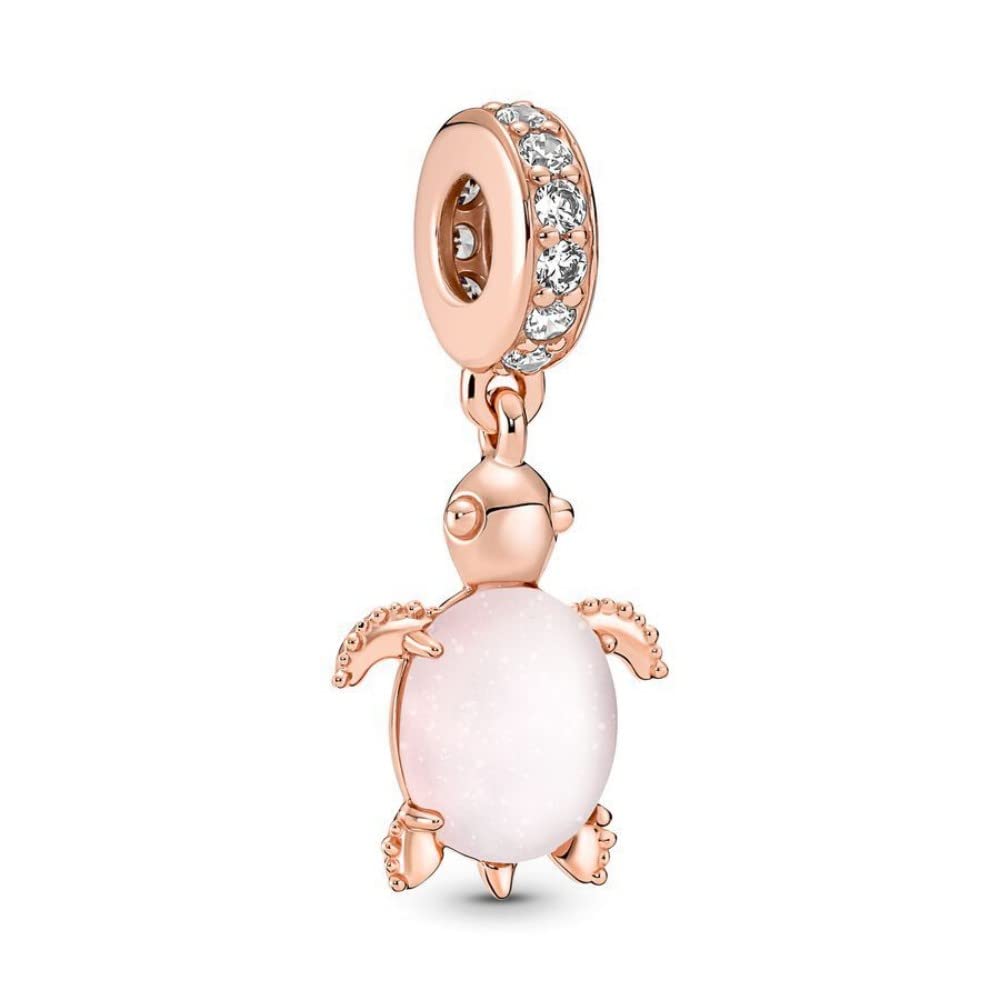 Murano Glass Rose Gold Pink Sea Turtle Dangle Charm 925 Sterling Silver Pendant,Girl Jewelry Beads Gifts for Women Bracelet&Necklace, Silver, Cubic Zirconia