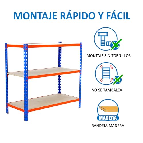 SimonRack Schwerlastregal, Lagerregal, 90x100x30 cm, Metallregal, Kellerregal, Biegestelle 150 kg, 3 Holzfachböden, Blau/Orange/Holz - Maderclick