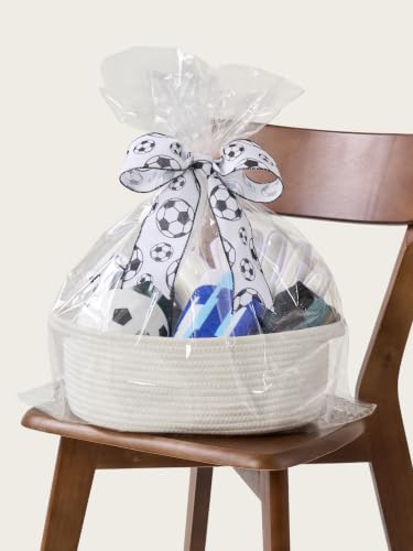 Image of Small Woven Gift Basket Empty - 12 inchx8 inchx5 inch, White /Soccer Ribbon