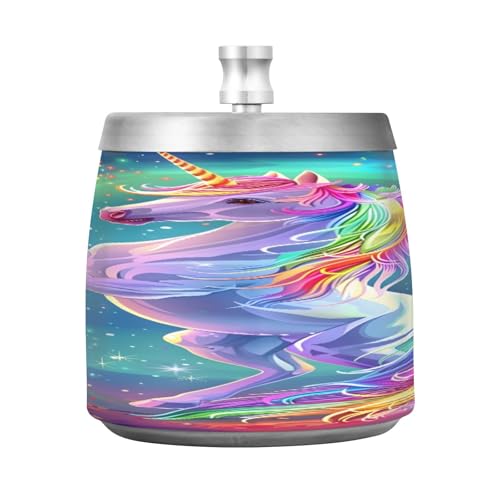 Rainbow Unicorn Ashtray with Lid, Outdoor Ashtrays for Patio, Stainless Steel Ashtray Odorless Smokeless for Home Office Balcony