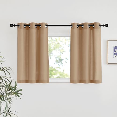 NICETOWN Camel Linen Kitchen Window Curtains Over Sink, Grommet Thick Linen Camel Short Window Treatments Privacy Assured with Light Filtering for Bedroom/Bathroom, W34 x L36, 2 Panels