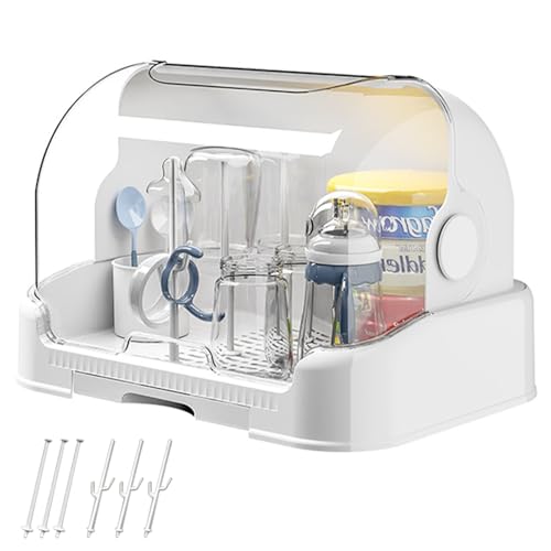 Image of Baby Bottle Organizer with Cover & Drain Tray - Dustproof Portable Bottle Drying Rack for Kitchen Cabinet