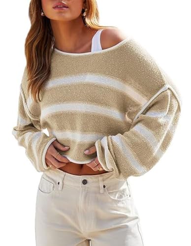 CHARTOU Women Color Block Stripe Sweater Lightweight Fall Outfits Loose Crop Pullover Sweater
