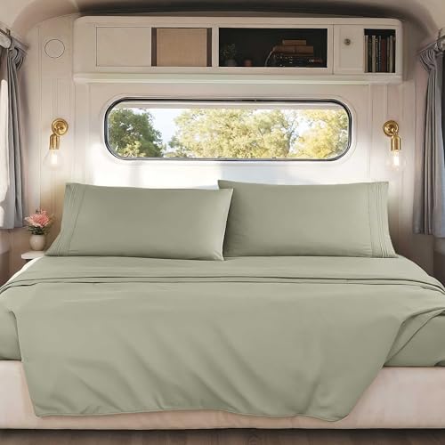 Image of Nestl Light Sage Short Queen Sheets for RV, Hotel Luxury RV Queen Sheets Set, 4 Piece Fitted Bed Sheet Set and Pillowcases, Super Soft, Wrinkle-Free, and Breathable Camper Bedding